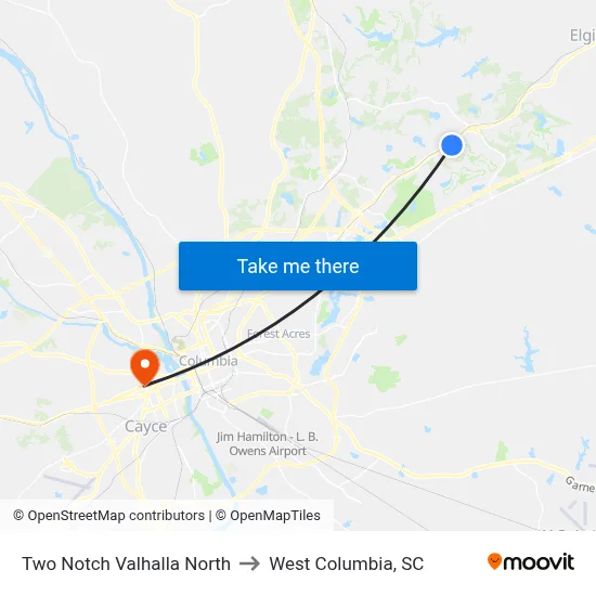 Two Notch Valhalla North to West Columbia, SC map