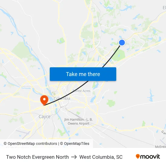 Two Notch Evergreen North to West Columbia, SC map