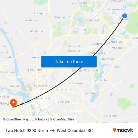 Two Notch 9300 North to West Columbia, SC map