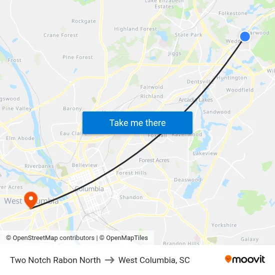 Two Notch Rabon North to West Columbia, SC map