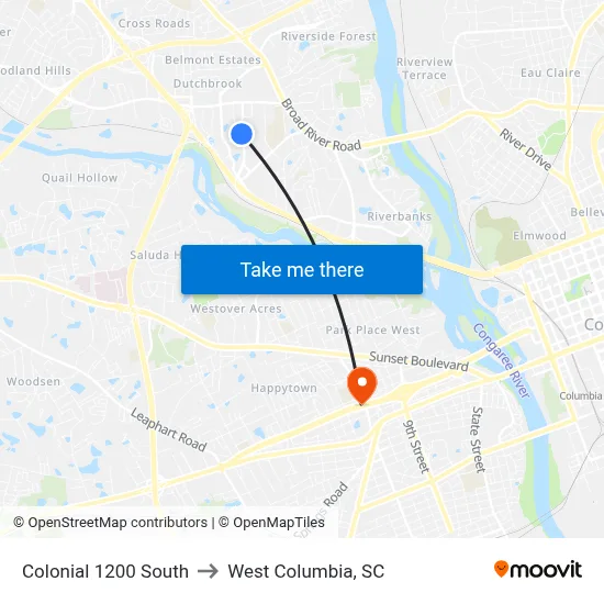 Colonial 1200 South to West Columbia, SC map