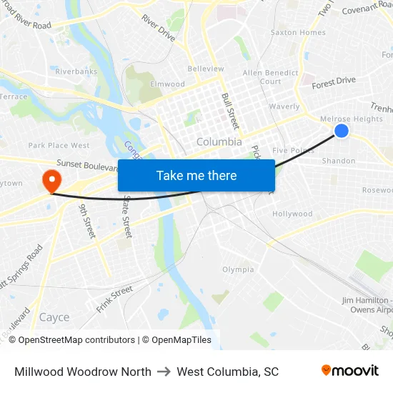 Millwood Woodrow North to West Columbia, SC map