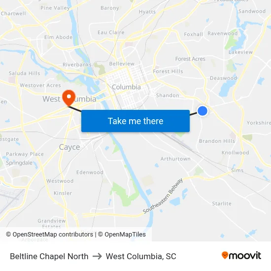 Beltline Chapel North to West Columbia, SC map