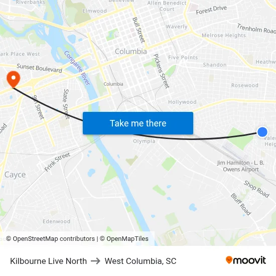 Kilbourne Live North to West Columbia, SC map