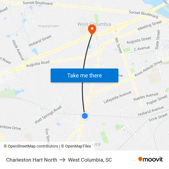 Charleston Hart North to West Columbia, SC map