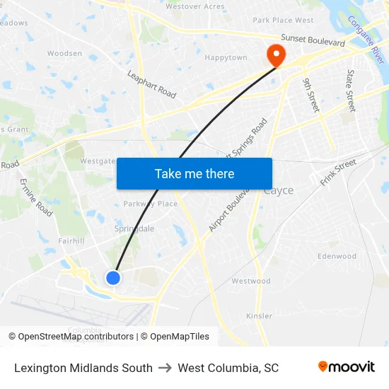 Lexington Midlands South to West Columbia, SC map