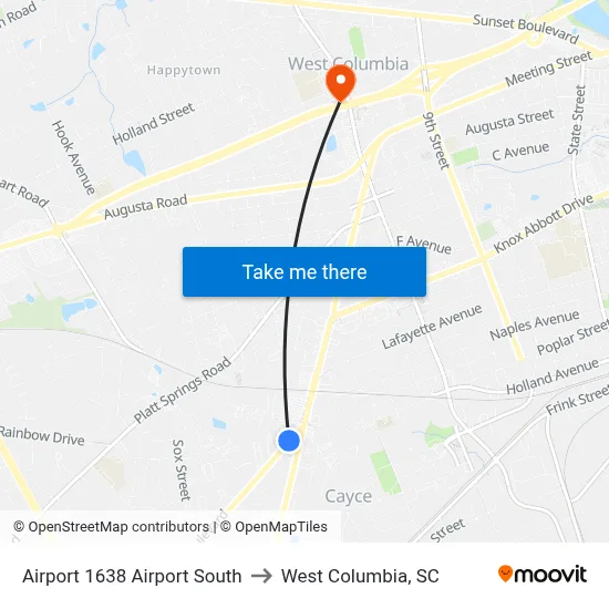 Airport 1638 Airport South to West Columbia, SC map
