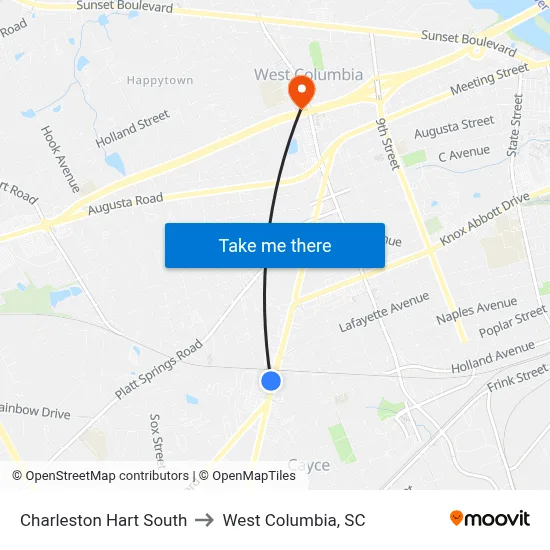 Charleston Hart South to West Columbia, SC map