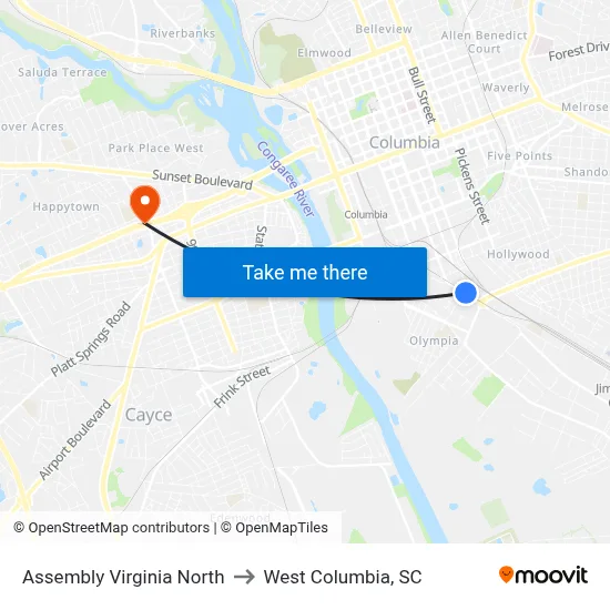 Assembly Virginia North to West Columbia, SC map