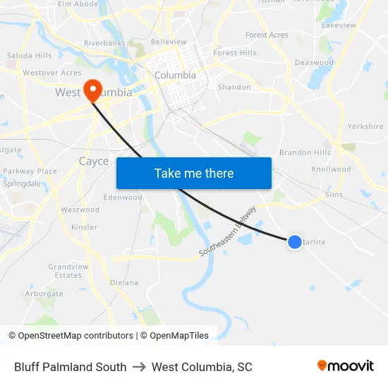 Bluff Palmland South to West Columbia, SC map