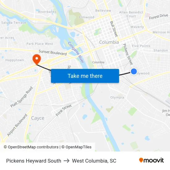 Pickens Heyward South to West Columbia, SC map