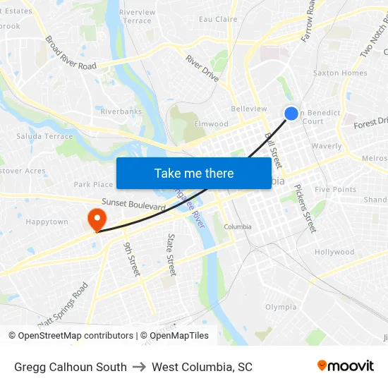 Gregg Calhoun South to West Columbia, SC map