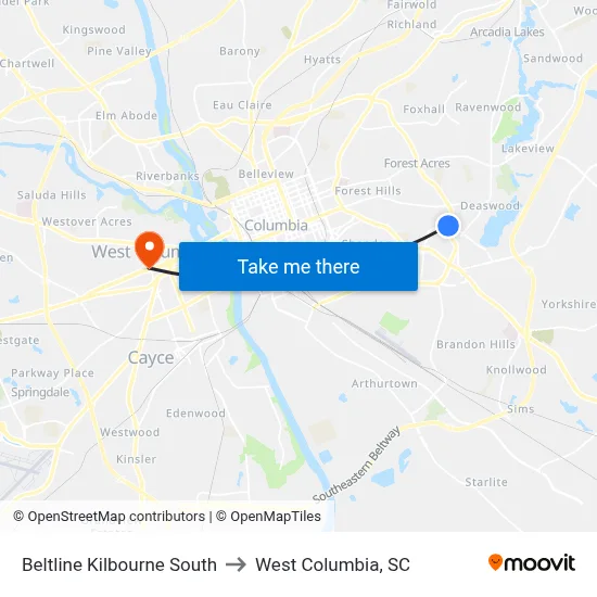 Beltline Kilbourne South to West Columbia, SC map