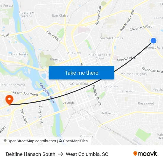 Beltline Hanson South to West Columbia, SC map