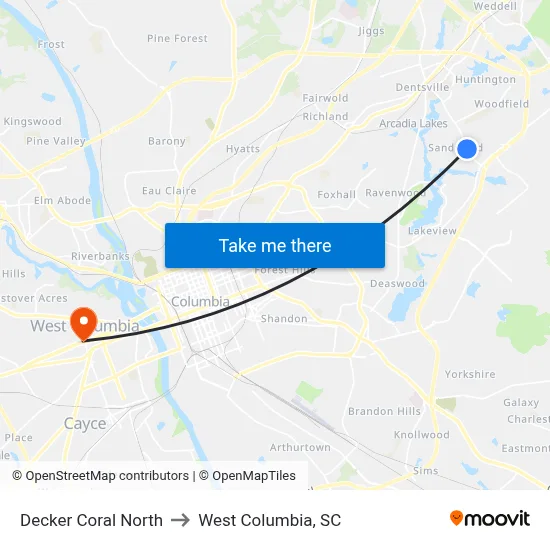 Decker Coral North to West Columbia, SC map