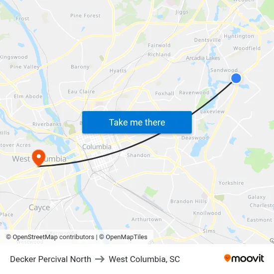 Decker Percival North to West Columbia, SC map