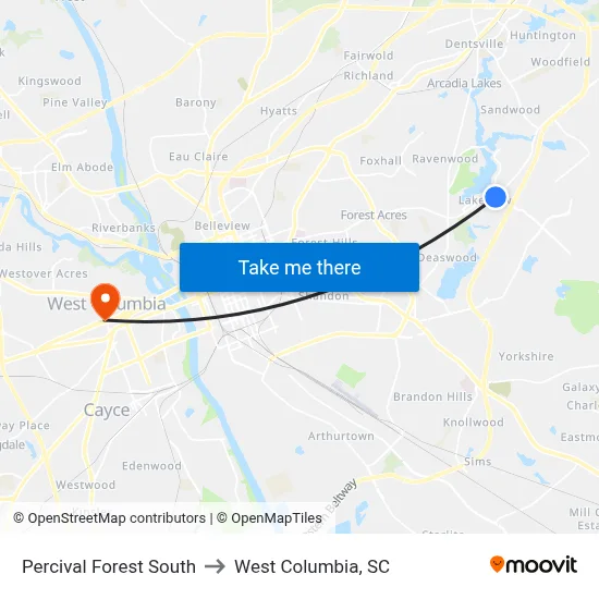 Percival Forest South to West Columbia, SC map