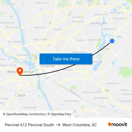 Percival 612 Percival South to West Columbia, SC map