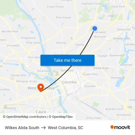 Wilkes Alida South to West Columbia, SC map
