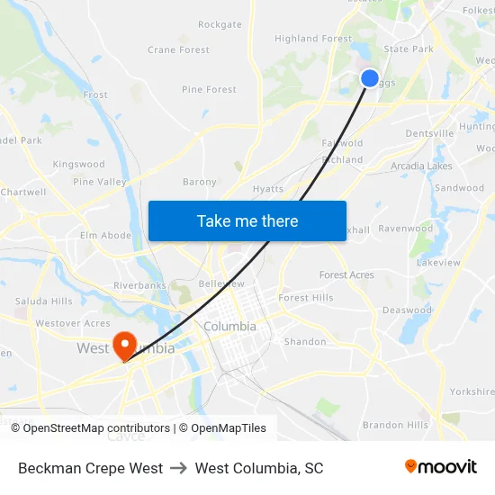 Beckman Crepe West to West Columbia, SC map