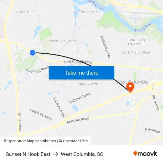Sunset N Hook East to West Columbia, SC map