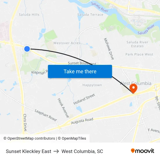 Sunset Kleckley East to West Columbia, SC map