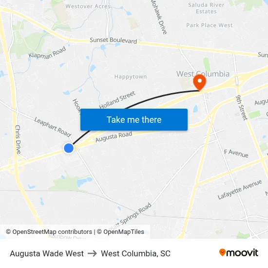 Augusta Wade West to West Columbia, SC map