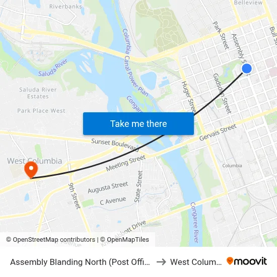 Assembly Blanding North (Post Office / Finlay Park) to West Columbia, SC map