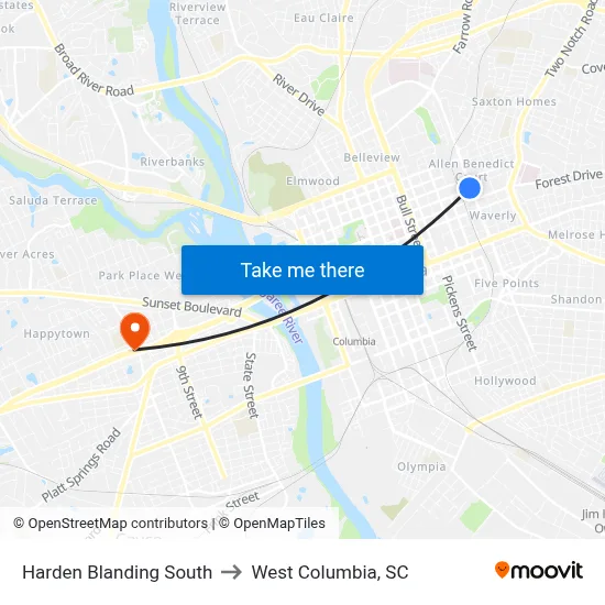 Harden Blanding South to West Columbia, SC map