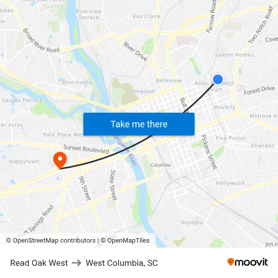 Read Oak West to West Columbia, SC map
