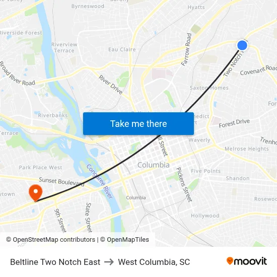 Beltline Two Notch East to West Columbia, SC map