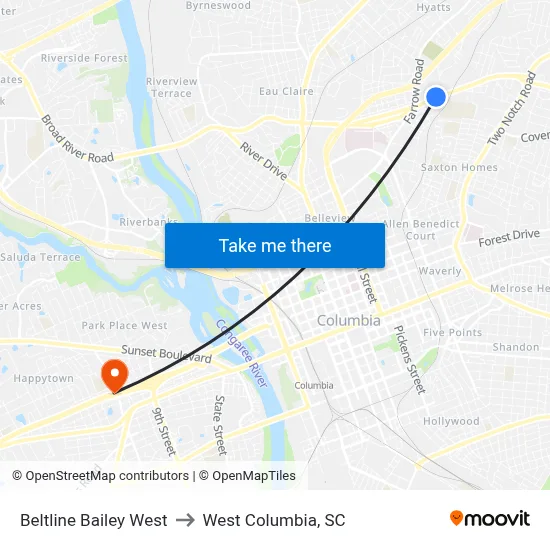 Beltline Bailey West to West Columbia, SC map