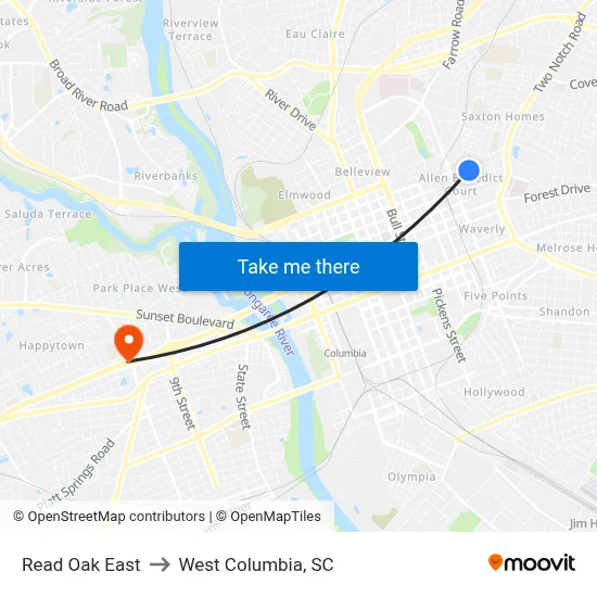 Read Oak East to West Columbia, SC map