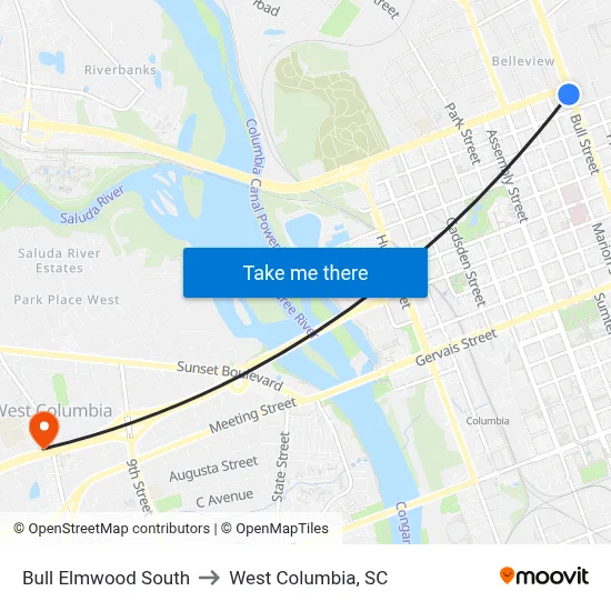Bull Elmwood South to West Columbia, SC map