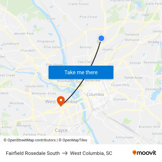Fairfield Rosedale South to West Columbia, SC map