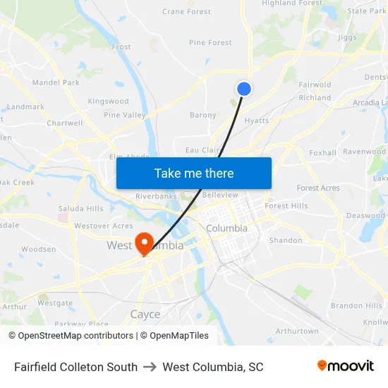 Fairfield Colleton South to West Columbia, SC map