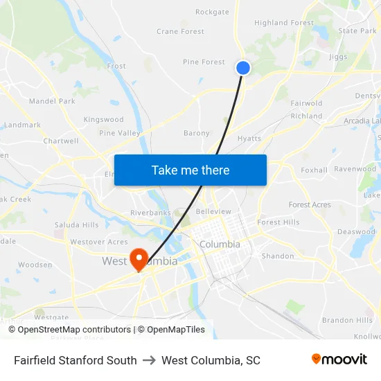 Fairfield Stanford South to West Columbia, SC map
