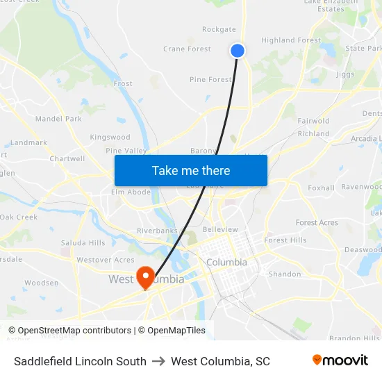 Saddlefield Lincoln South to West Columbia, SC map