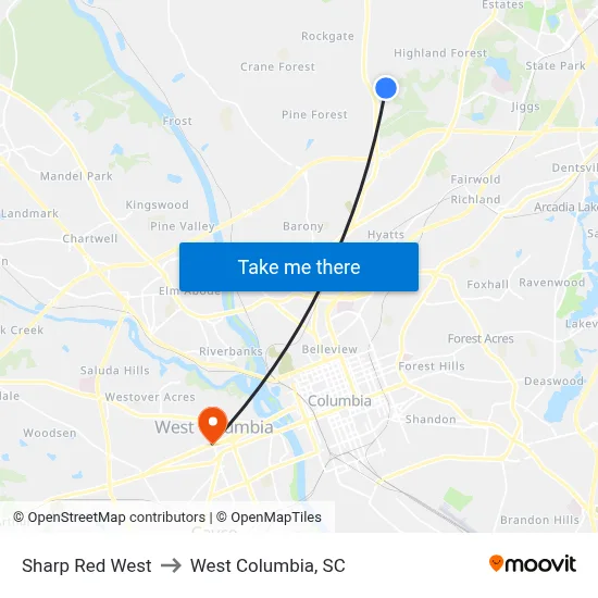 Sharp Red West to West Columbia, SC map