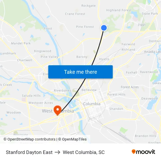 Stanford Dayton East to West Columbia, SC map