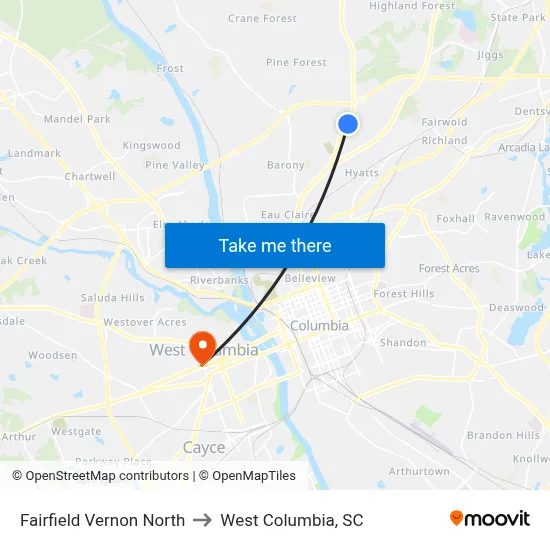 Fairfield Vernon North to West Columbia, SC map