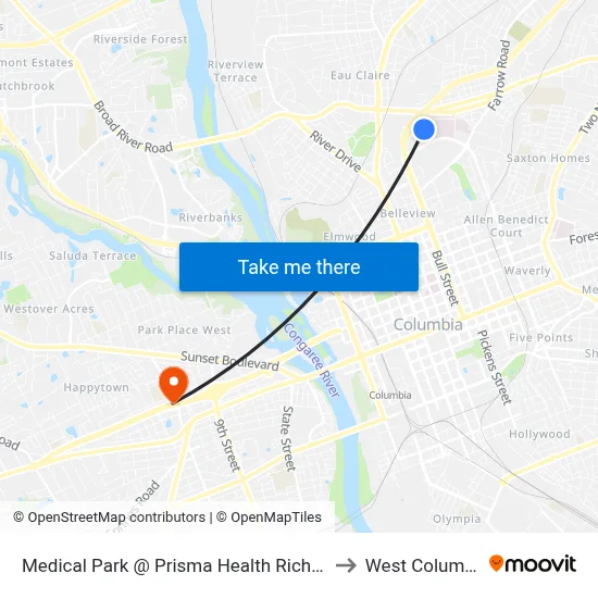 Medical Park @ Prisma Health Richland Mid North to West Columbia, SC map
