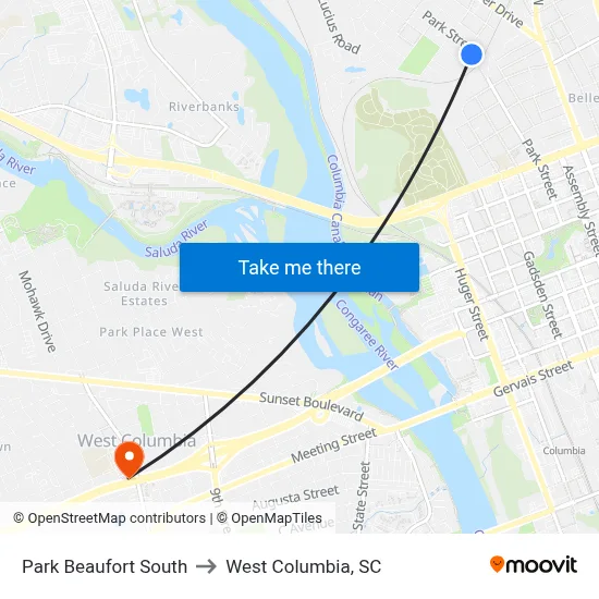 Park Beaufort South to West Columbia, SC map