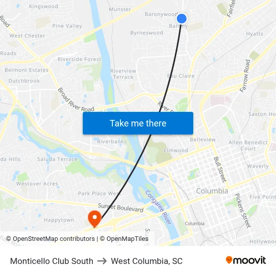 Monticello Club South to West Columbia, SC map