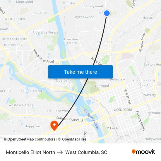 Monticello Elliot North to West Columbia, SC map