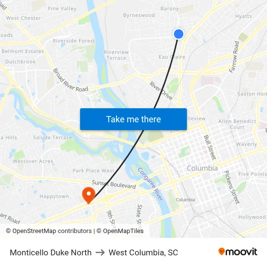 Monticello Duke North to West Columbia, SC map