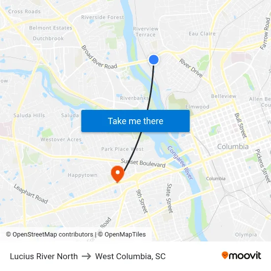 Lucius River North to West Columbia, SC map