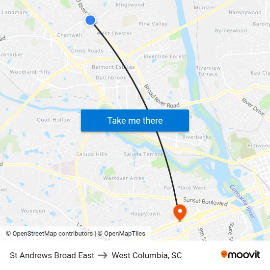 St Andrews Broad East to West Columbia, SC map