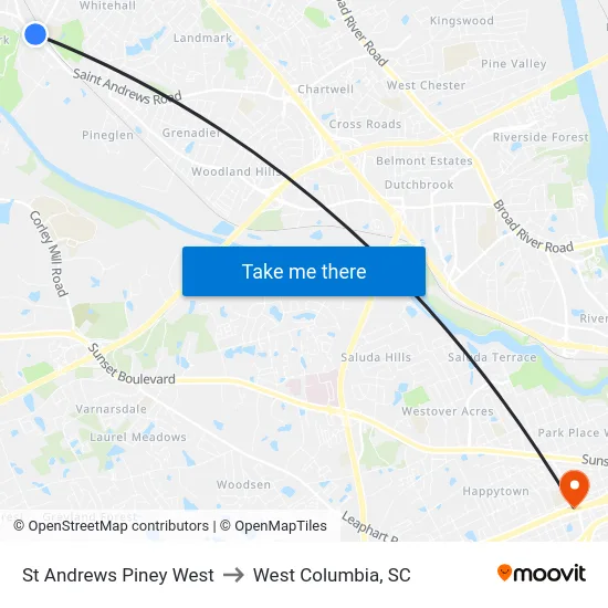 St Andrews Piney West to West Columbia, SC map