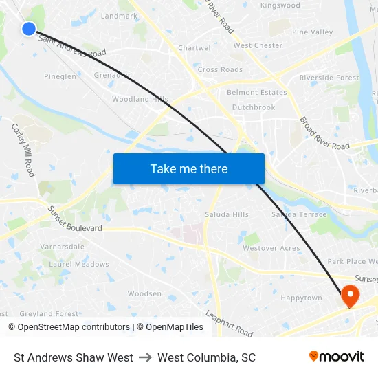 St Andrews Shaw West to West Columbia, SC map